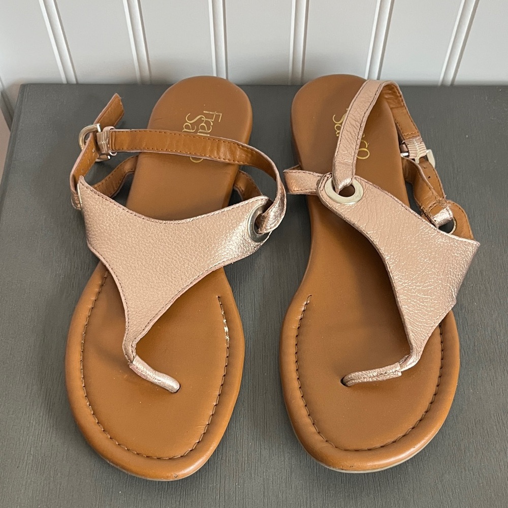 Franco Sarto FS Women’s Shoes Rose Gold T-Strap Sandals with Tan Footbed